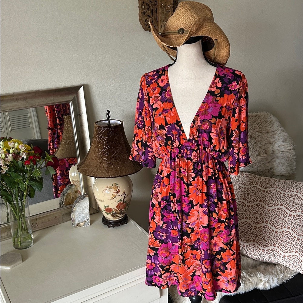 Lovestitch anthro boho colorful plum orange floral mini beach cover up dress S